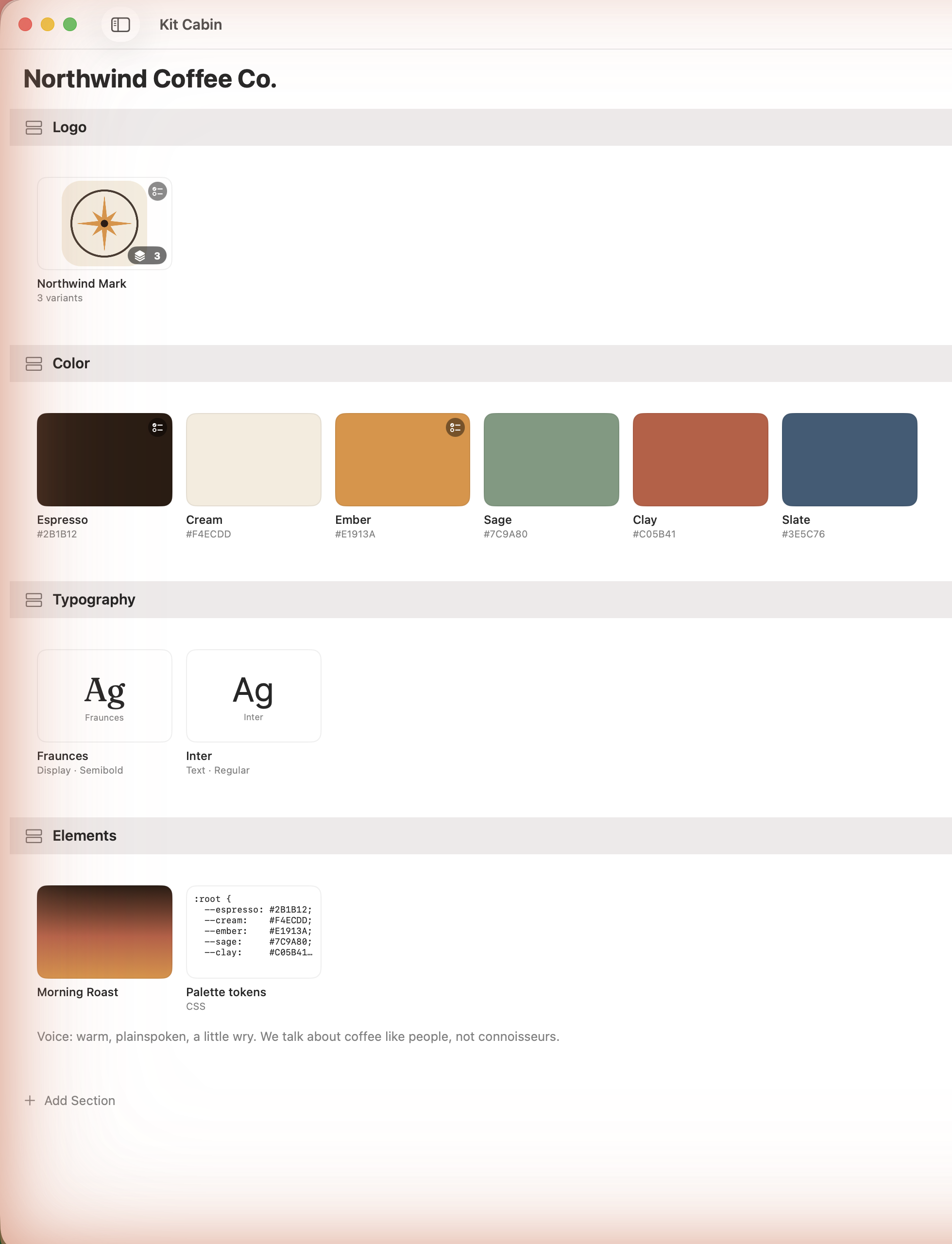 The Kit Cabin window showing the Northwind Coffee Co. brand: a logo set, six named color swatches, and two type specimens.