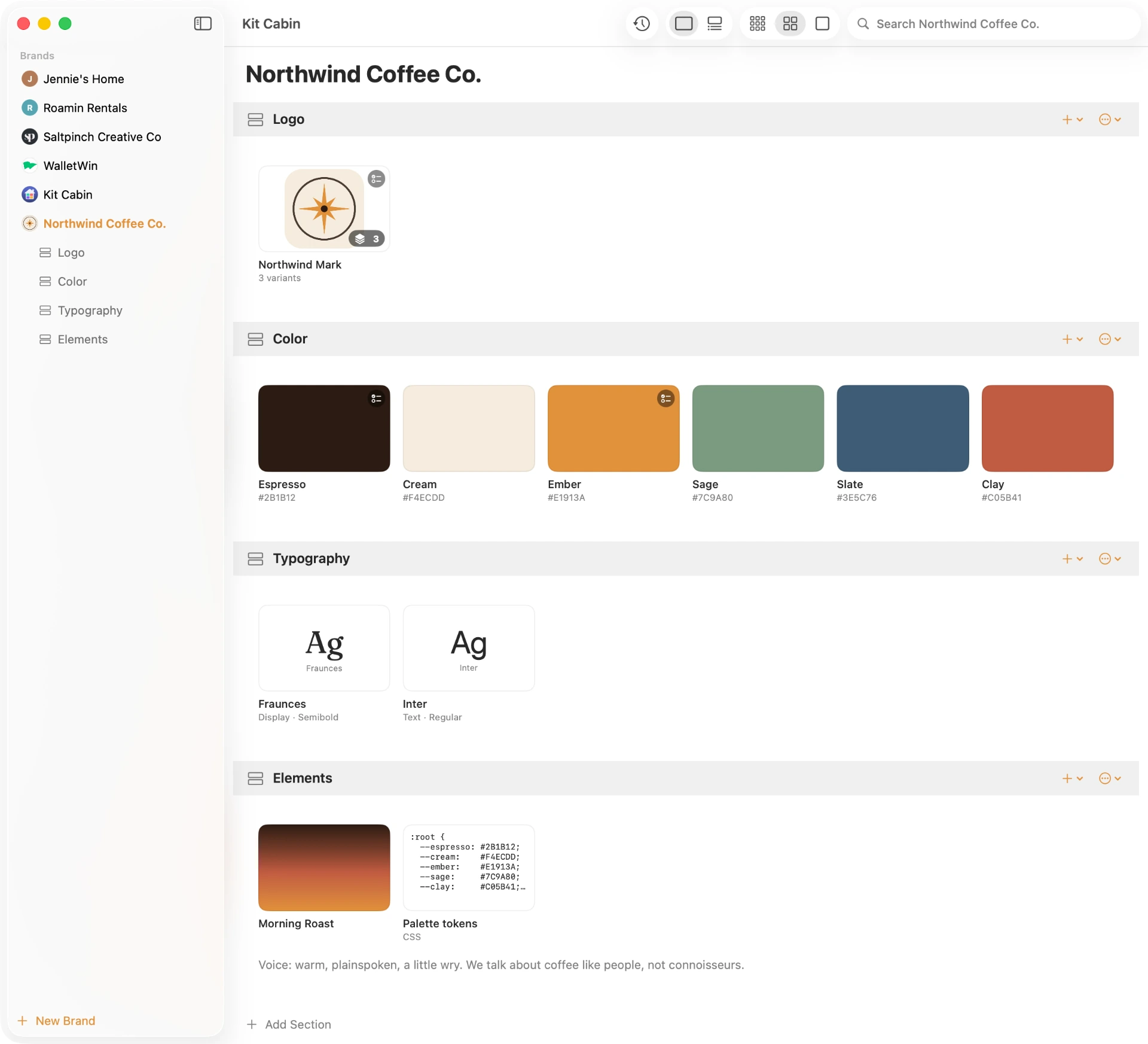 The Kit Cabin window showing the Northwind Coffee Co. brand end to end — logo variants, a six-color palette (Espresso, Cream, Ember, Sage, Slate, Clay), Fraunces and Inter type specimens, and a gradient plus CSS palette tokens.